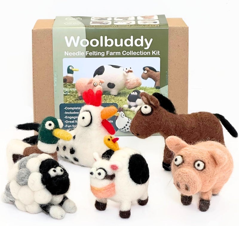Needle Felting Kit - Farm Animals for Beginners & Adults, Includes Mini Felting Pad, Soft Wool, 4 Needles, and Clear English Instructions